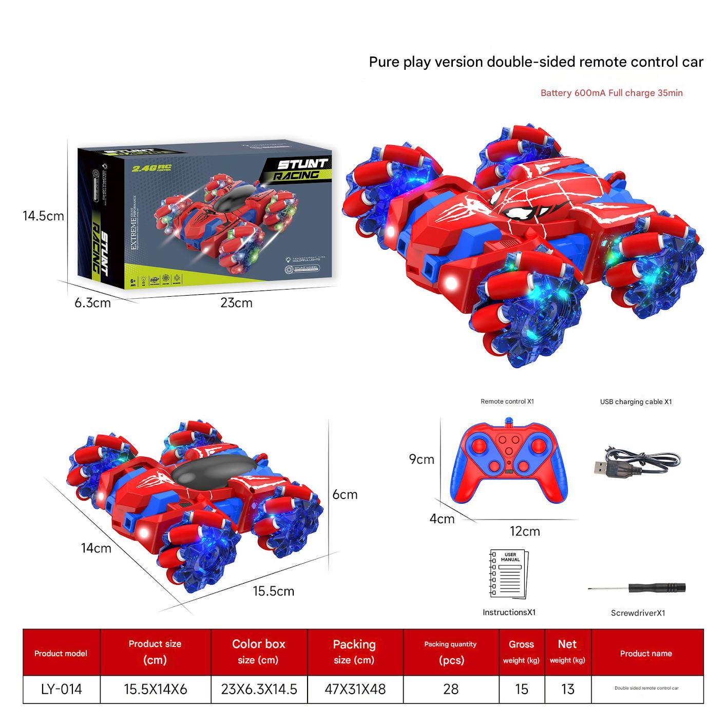 Double-sided remote control car with packaging, dimensions, and accessories on a white background